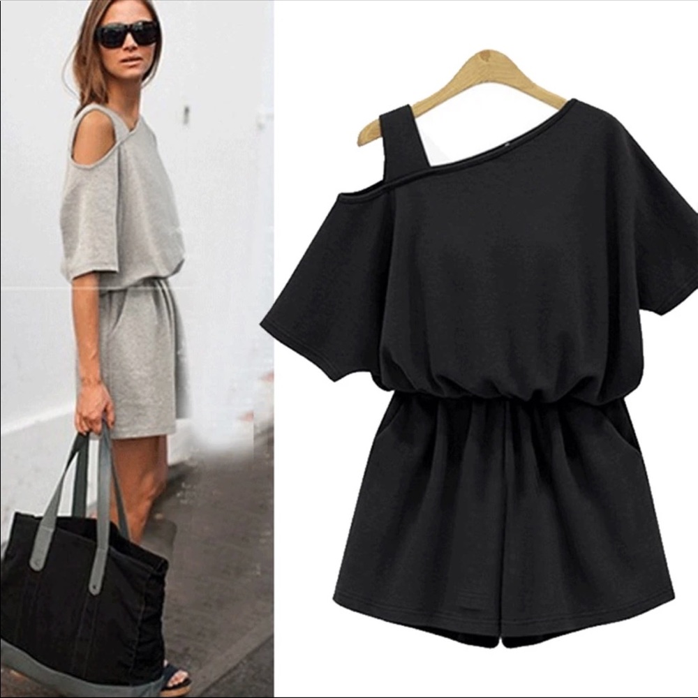simple chic oblique Shoulder elastic waist romper - Picture 4 of 6